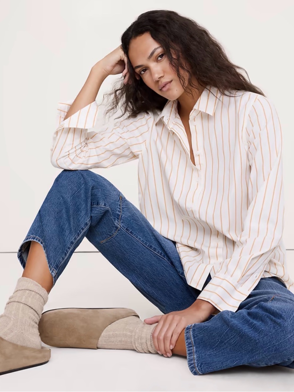 Banana Republic Cream Button-Down Shirt with Tan Stripes